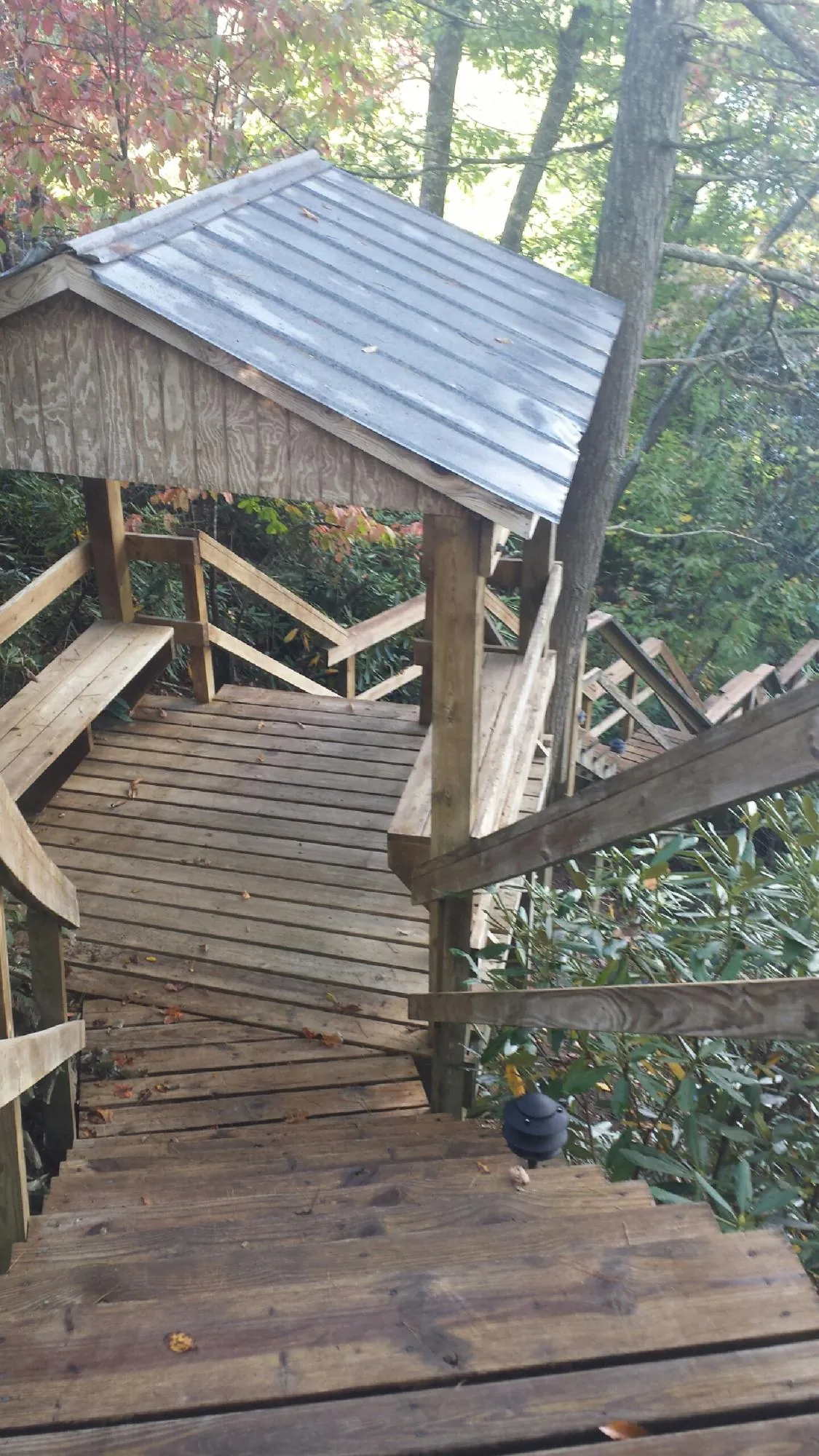 Metal roofed shelter over wooden steps on a wooded walkway — Skylight Repair & Installation work by our crew in Lacrosse